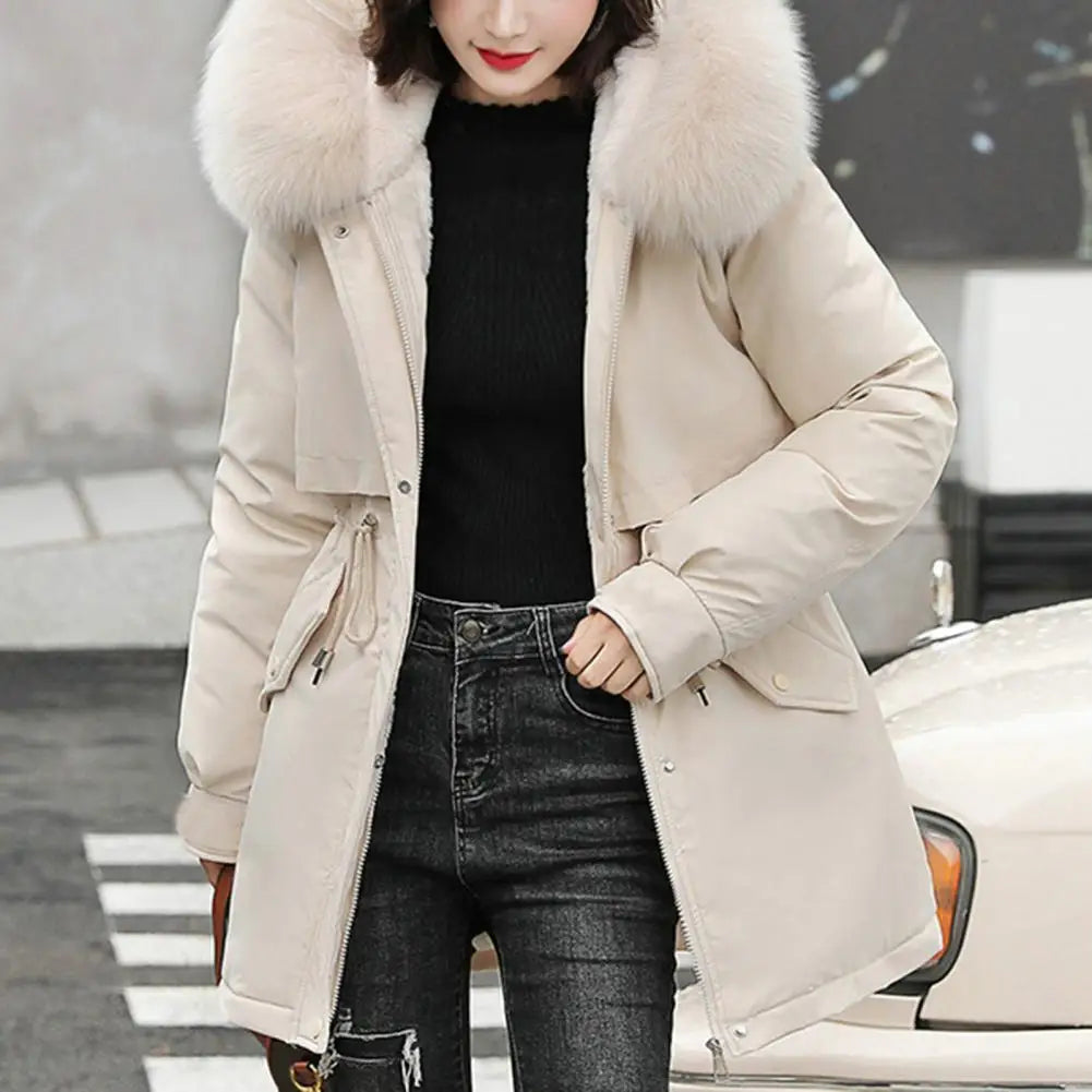 Women Coat Hooded Winter Jacket with Faux Fur Collar Warm Fashion Jacket Zipper Closure Coat for Autumn Winter