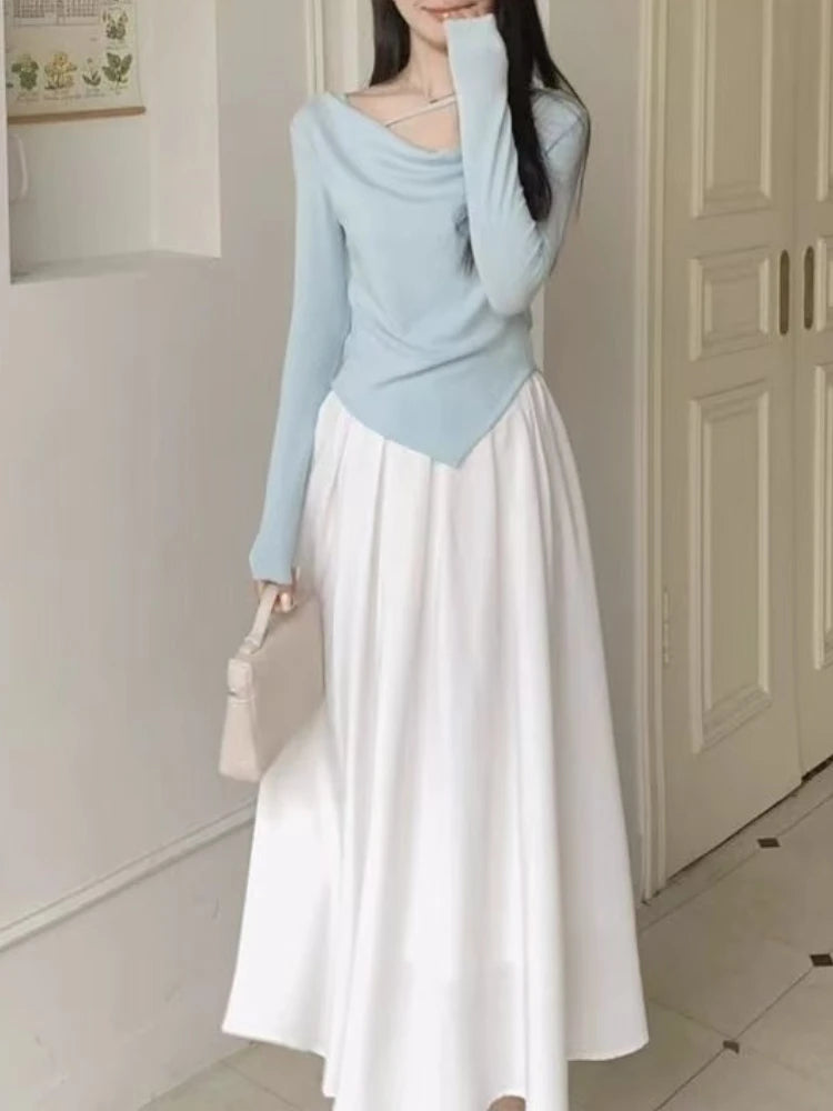 Autumn Korean Chic Sweet 2 Piece Set Irregular Tops + Solid Long Skirts New Design Casual Women Clothes Street Fashion