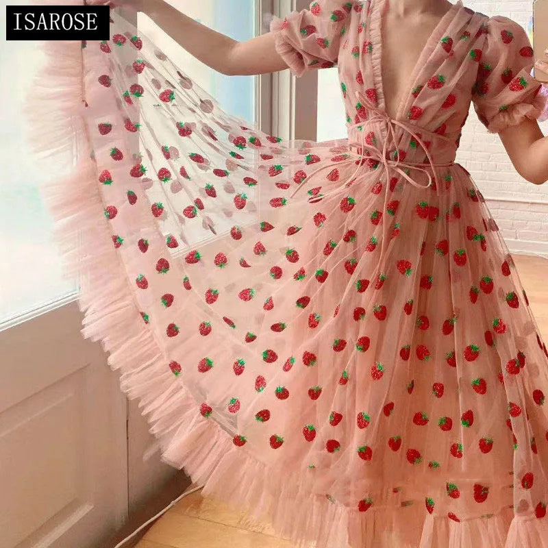 ISAROSE 2024 Strawberry Dress Women Summer Deep V Puff Sleeve  Mesh Sequins Embroidery French Party