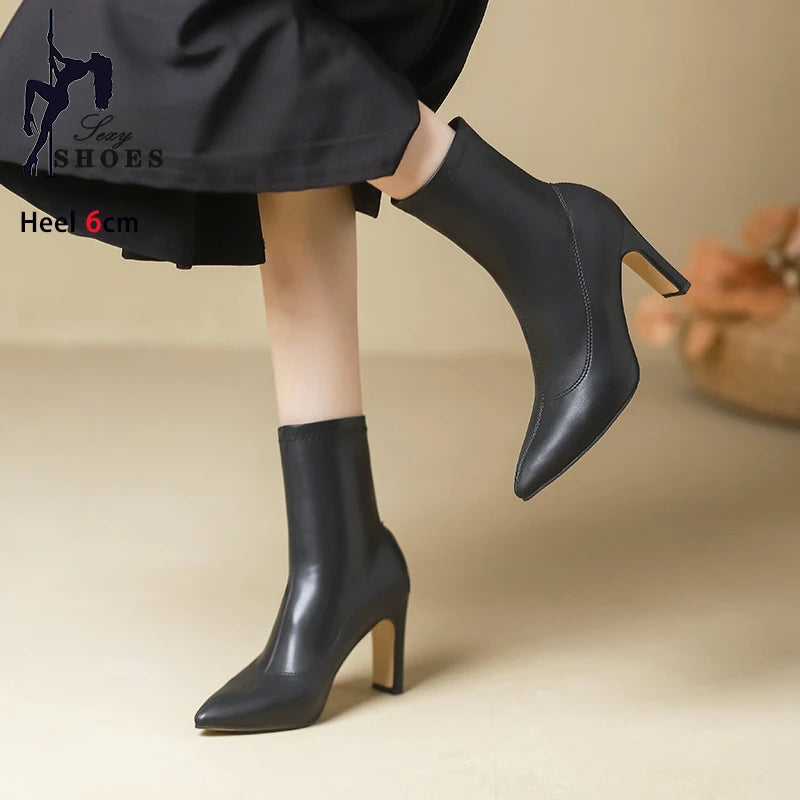 Autumn Winter Women Ankle Boots 6CM 8CM Toe Sock Boots Elegant Lady Black Thick Heels Female Short Booties