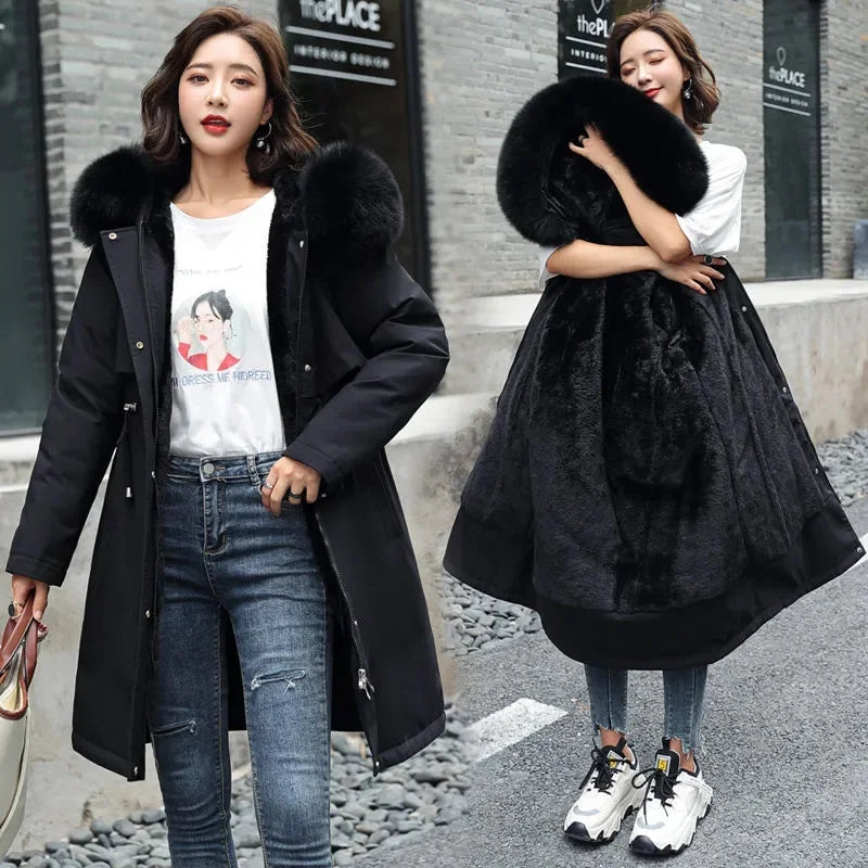 Winter Jacket 2023 New Women's Clothes Long Coat Wool Liner Hooded Jacket Fur Collar Thick Warm Snow Wear