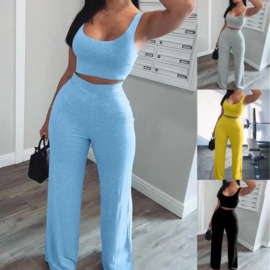 Women Tracksuit Slim Sexy Sling Navel Exposed Tube Top Flared Legs Pants Set Solid Colour Sleeveless Tops and Pants