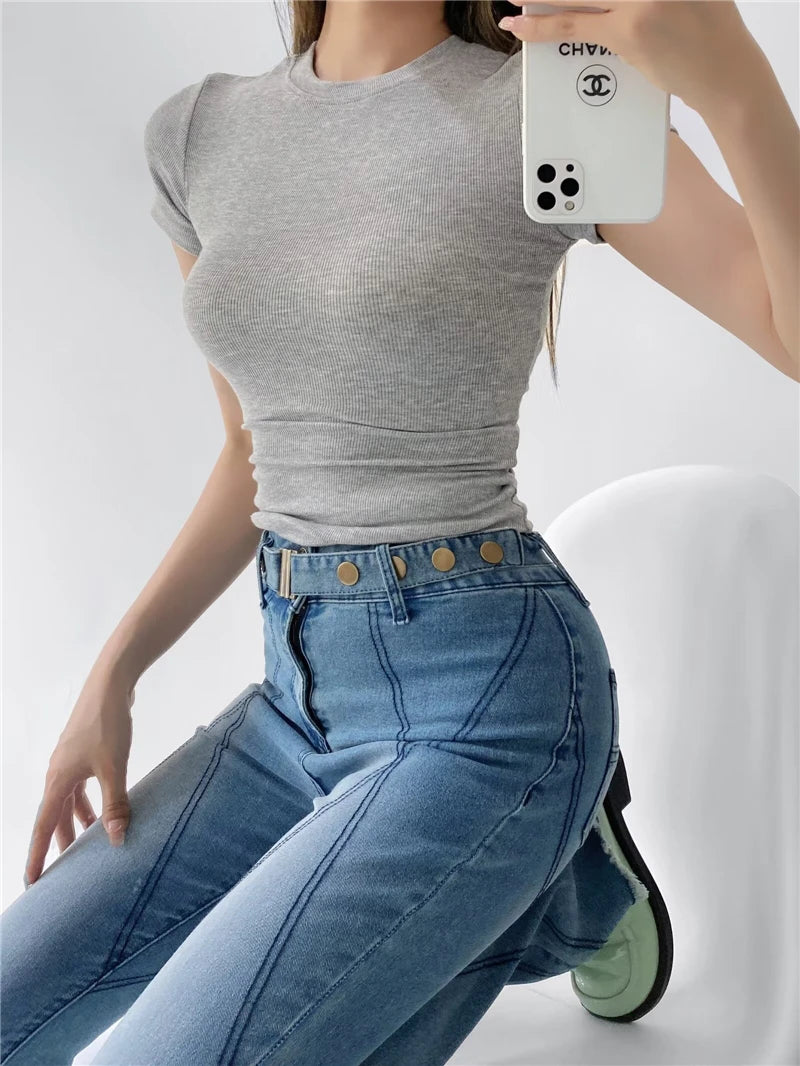 STVY Women's Slim Fit Solid Knit Tee with O-Neck - High Street Spring/Summer Top