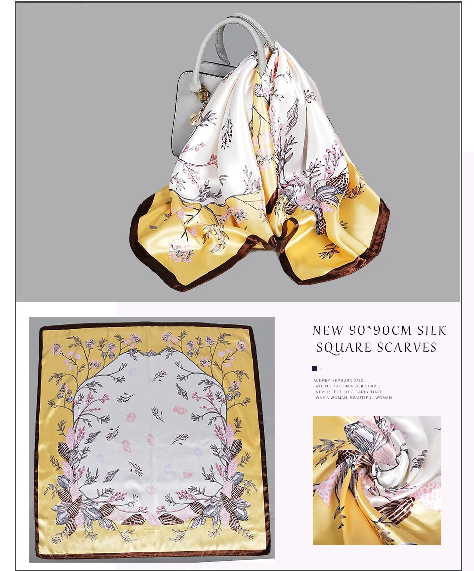 Pink New Elegant Floral Square Silk Satin Scarves