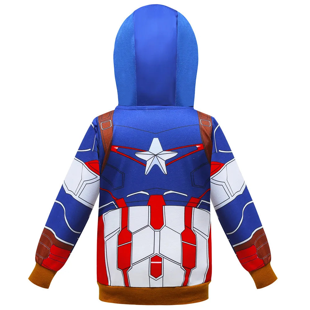 Kids Spiderman Hulk Thor Iron Man Hoodies Cosplay  Cartoon Print Zipper Hooded Jacket for Children