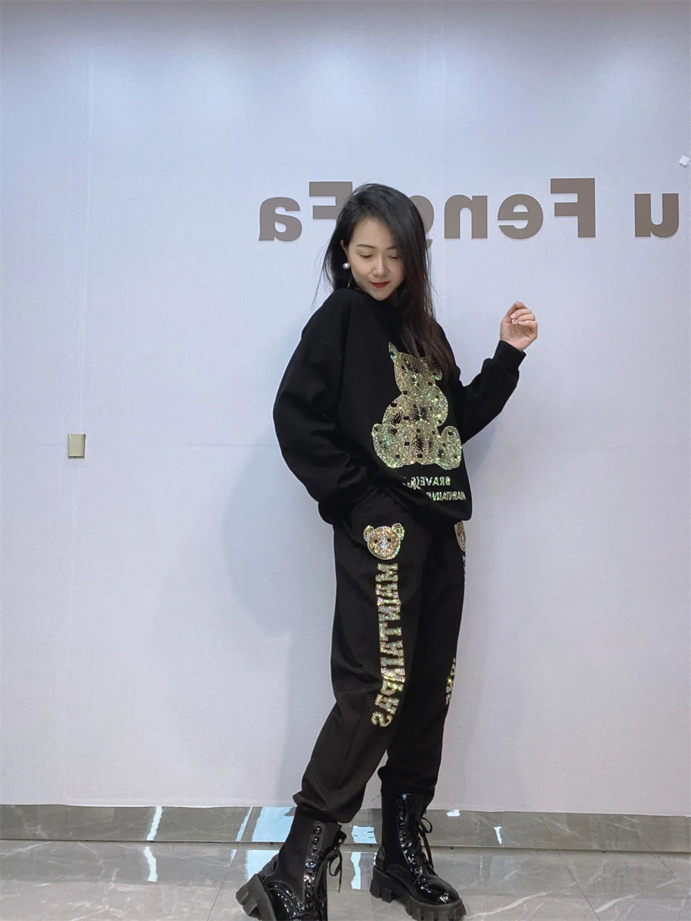 NoEnName_Null Casual Autumn/Winter Cartoon Pattern Pullover Set with Drawstring Waist and Pockets  &nbsp;