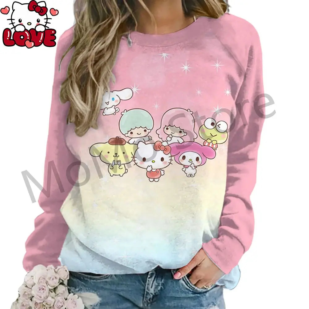 Women's Long Sleeve Hello Kitty O Neck Lovely Pullovers Y2k Streetwear shirt S-3XL New High Quality Kawaii Clothes