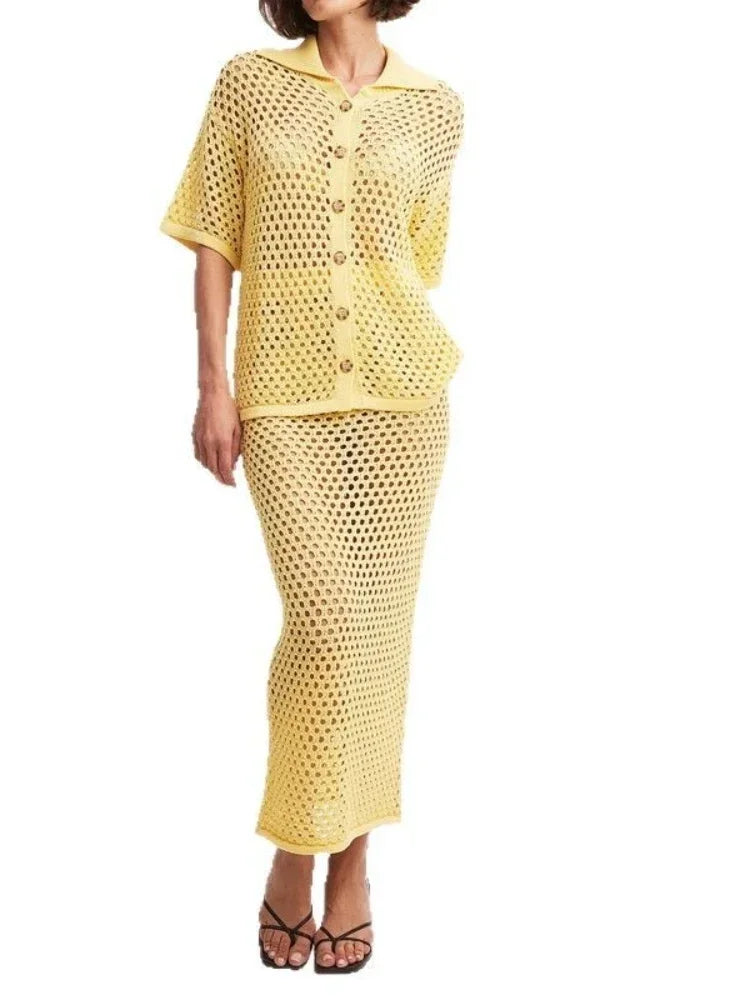 Sellysea Women’s Casual Two-Piece Skirt Set – Hollow Out Button-Up Blouse with Long Skirt | Spring/Summer 2025 Collection