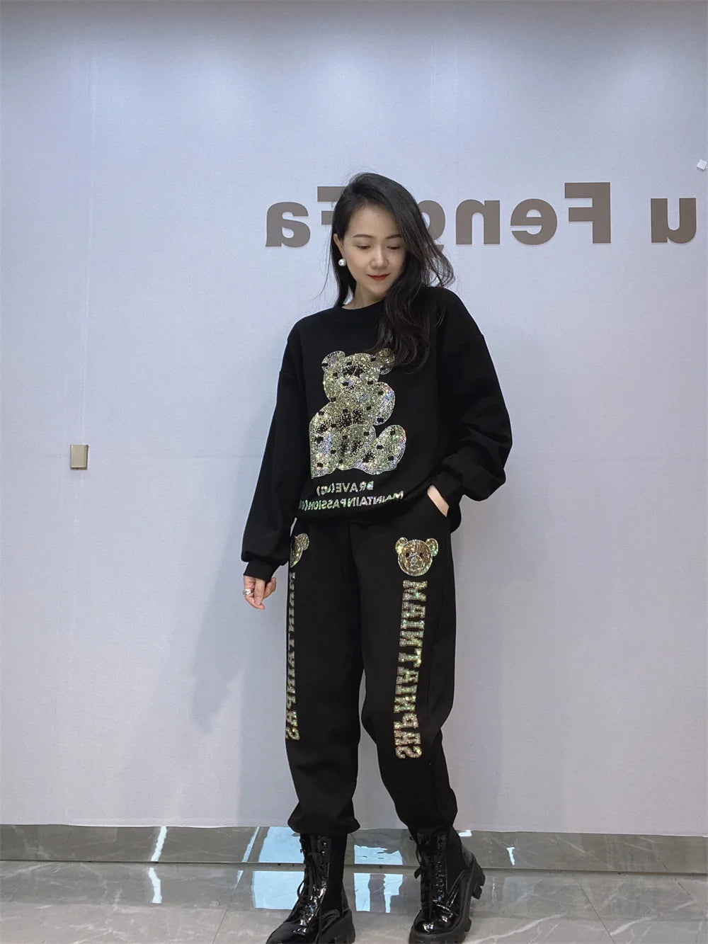 NoEnName_Null Casual Autumn/Winter Cartoon Pattern Pullover Set with Drawstring Waist and Pockets  &nbsp;