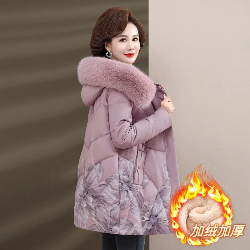 Women Winter Jacket Long Warm Thicken Cotton Padded Jacket Hooded  Middle Aged Women's Clothes