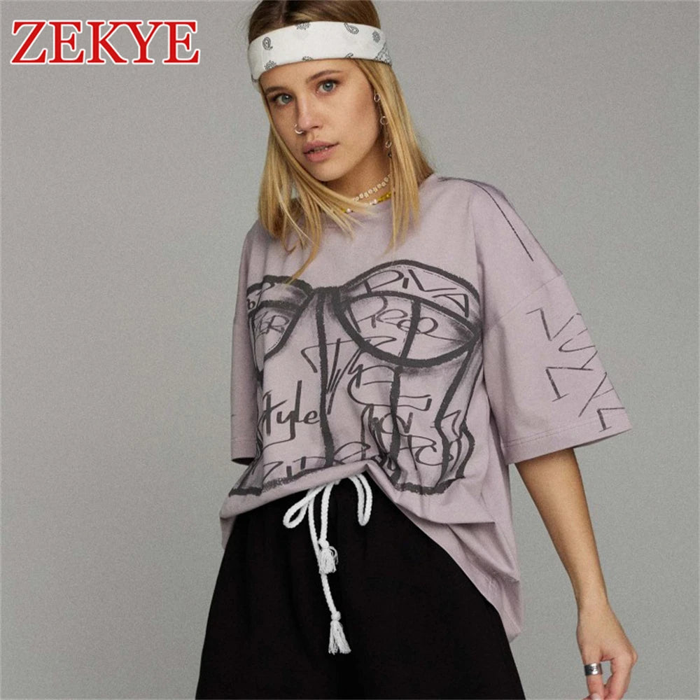 Zekye Printed Streetwear Vintage Tshirts Top Harajuku O Neck Chic Summer Basic Loose T-shirt