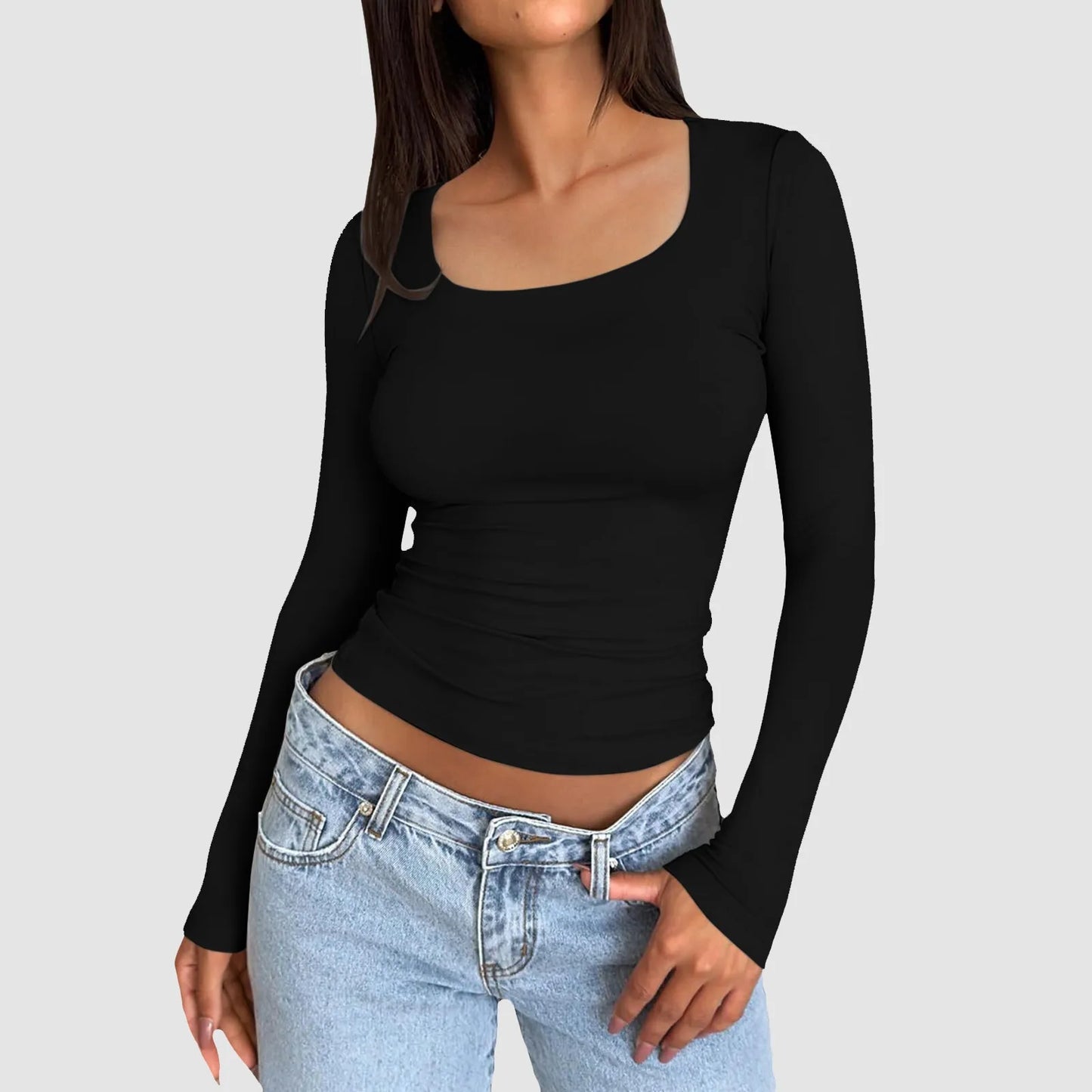 Women Long Sleeve Round Neck Crop Top basic solid tight slim women's plain T-Shirt.