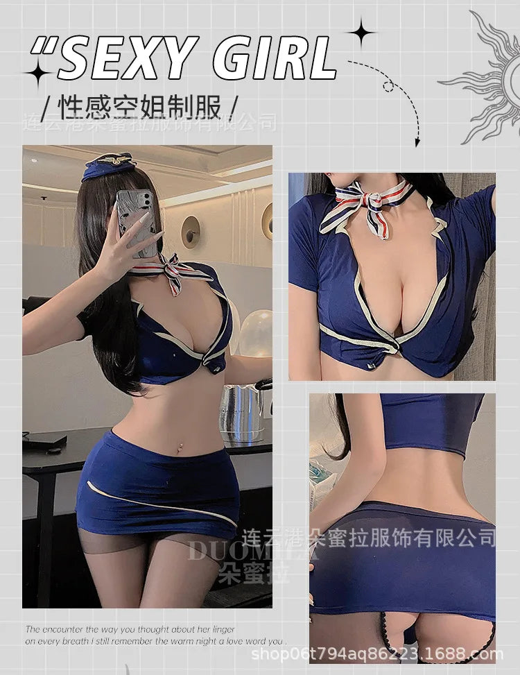 Sexy New Fun Underwear outfits for Women Full Hip Skirt Flight Attendant Uniform Temptation Secretary OL shorts Set women UB1N