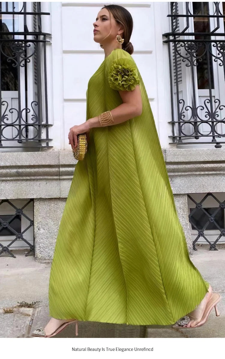 NoEnName_Null Women’s Asymmetrical Neckline A-Line Pleated Long Skirt Dress – Casual Retro Style, Mid-Calf Length