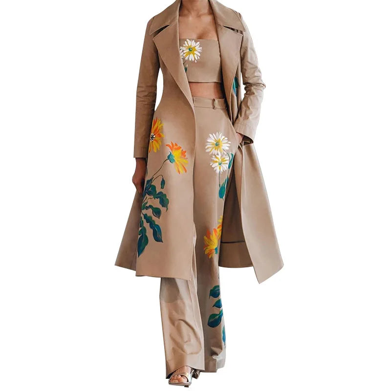 Long Trench coat Sets Female Autumn Temperament Print Flower Windbreaker Wide Leg Pant Suit Three Piece Set Office Lady