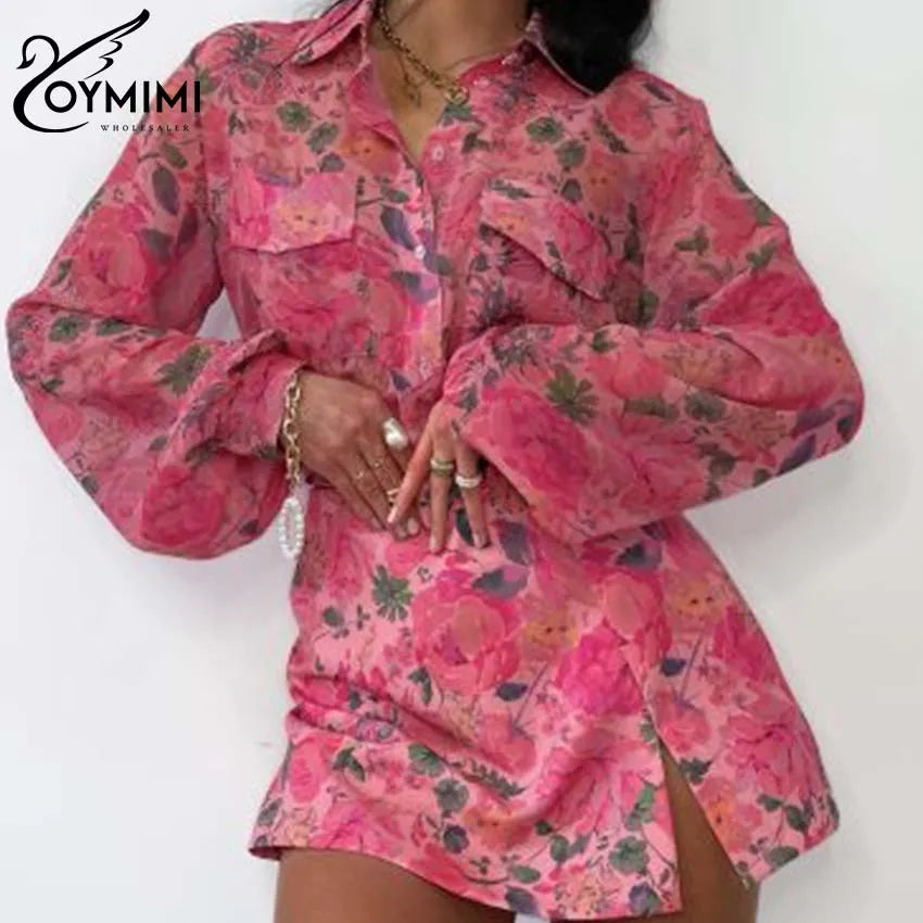 Oymimi Casual Pink Print Sets Womens 2 Piece Elegant Lapel Long Sleeve Pockets Shirts And High Waist Side Slit Skirts Female Set