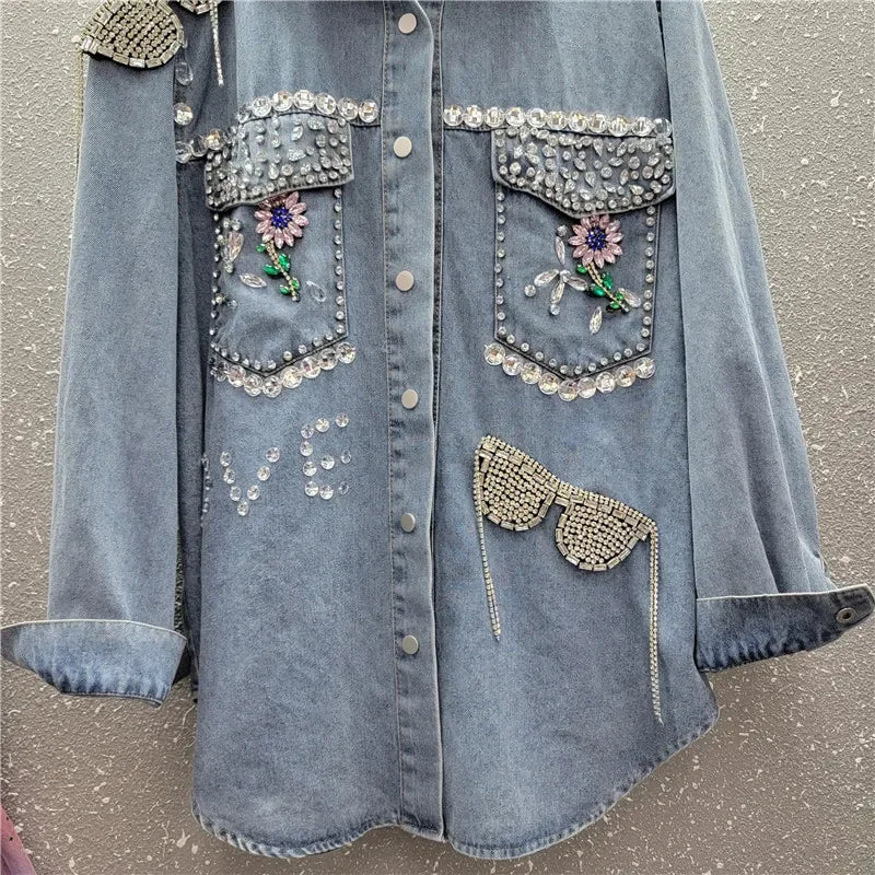 Luxury Women Diamonds Floral Beads Denim Shirts Glasses Fringed Rhinestones Rivets Jeans Bomber Jacket