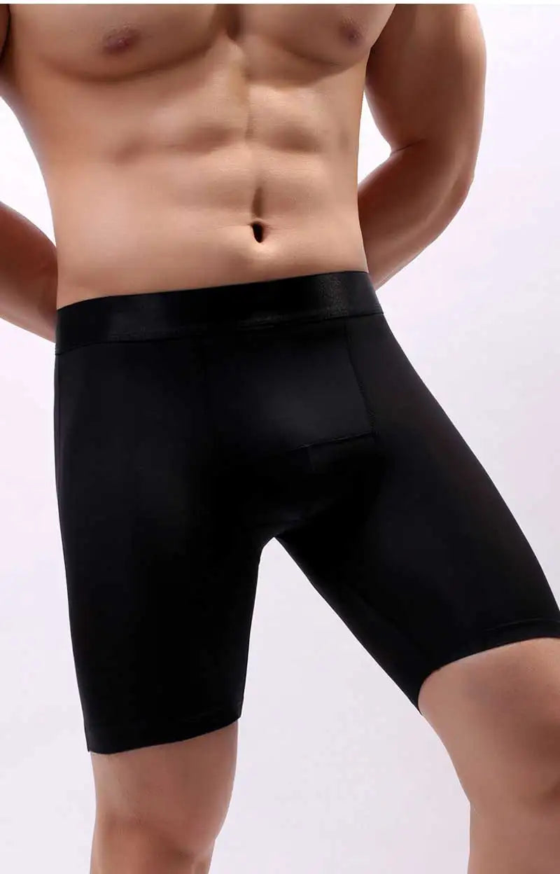 Ice Silk Lengthen Men Boxers Mid Waist Solid Underwear.