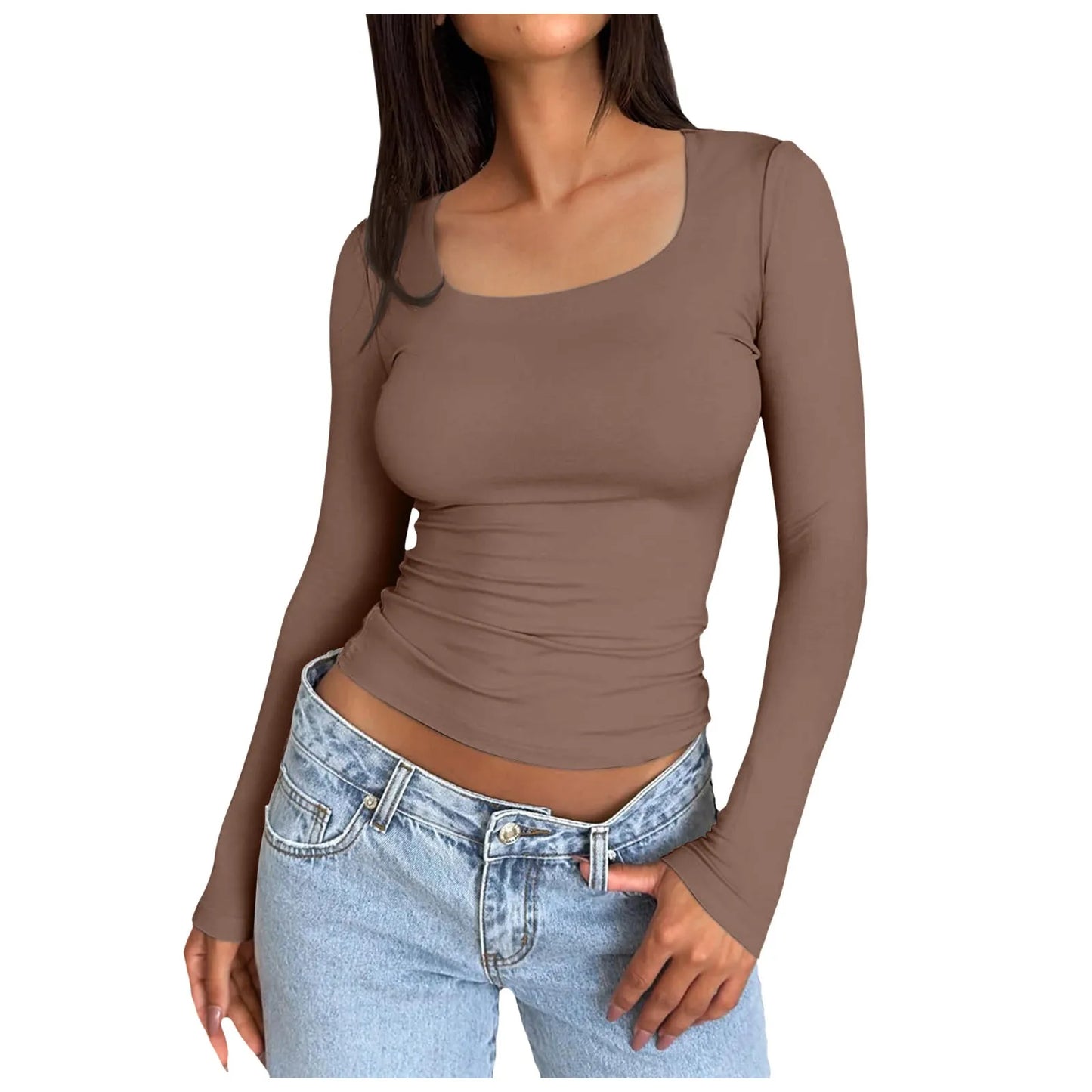 Women Long Sleeve Round Neck Crop Top basic solid tight slim women's plain T-Shirt.