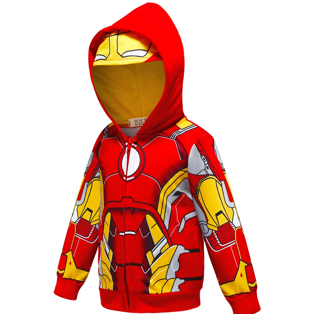 Kids Spiderman Hulk Thor Iron Man Hoodies Cosplay  Cartoon Print Zipper Hooded Jacket for Children