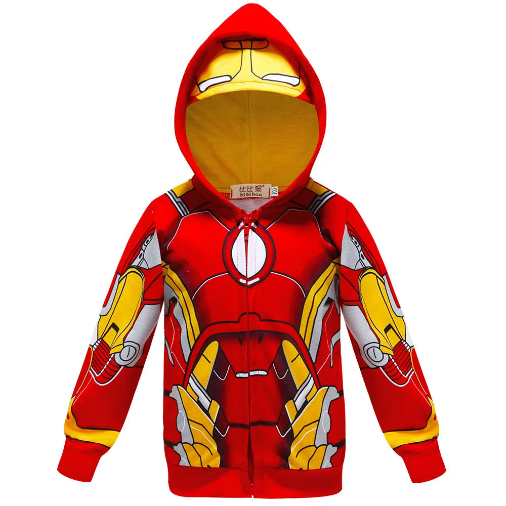 Kids Spiderman Hulk Thor Iron Man Hoodies Cosplay  Cartoon Print Zipper Hooded Jacket for Children