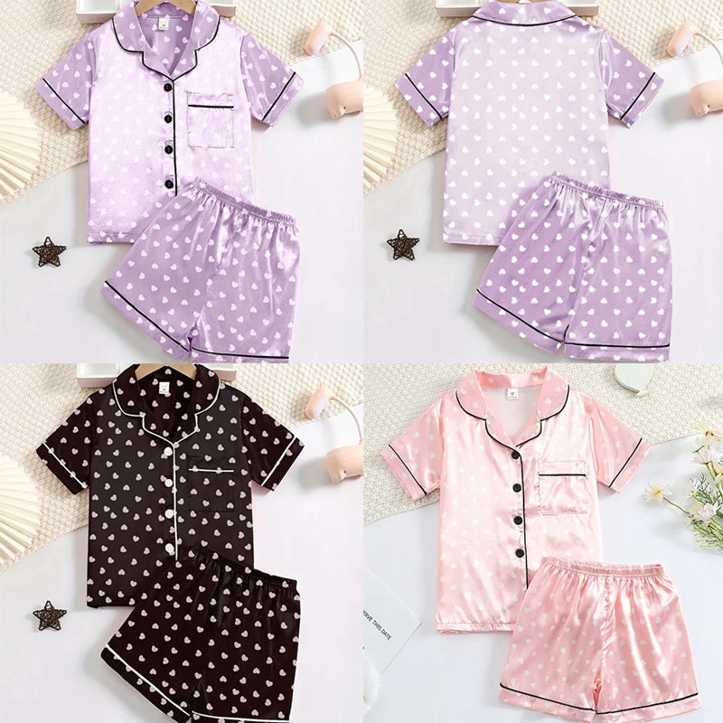 Girls Simulation Silk Short Sleeve Shorts Homewear Set Children Button Heart Lapel Pajamas 8-12 Years Old Children Pajamas Set