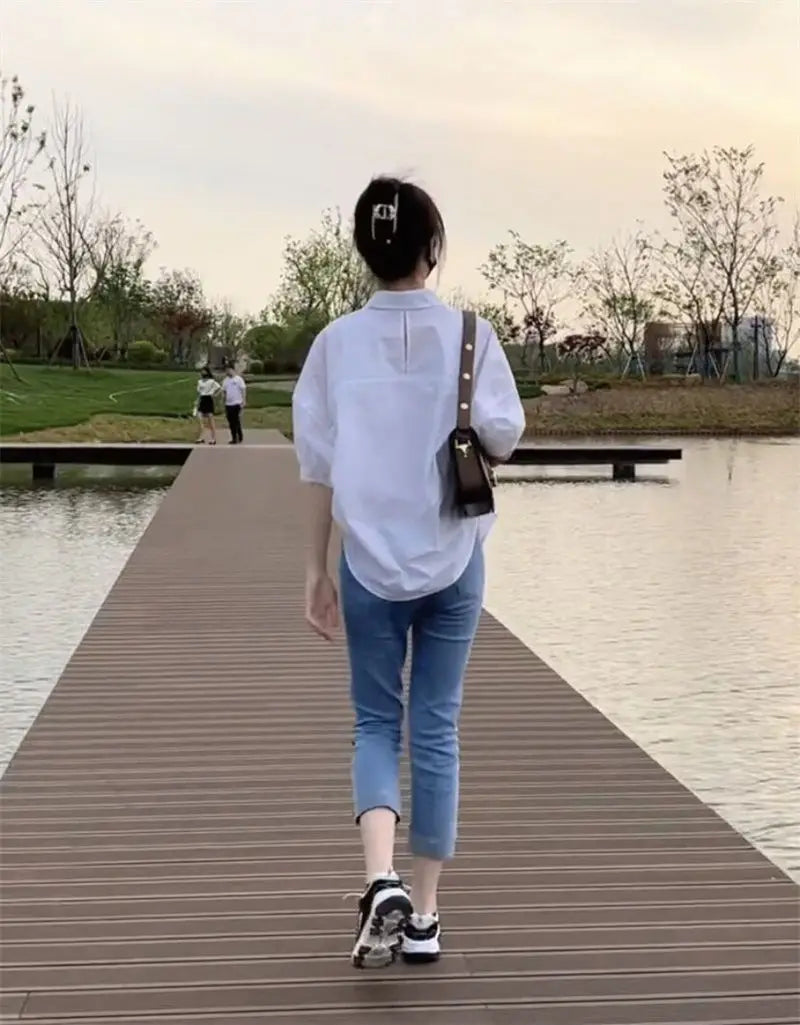 NoEnName_Null Women's Loose Fit Casual Shirt – Turn-down Collar Batwing Sleeve Cardigan