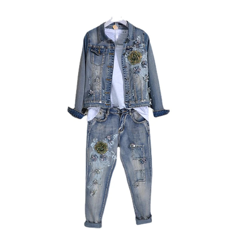 Two Piece Set Spring and Autumn Beads Sequin with Holes Jeans + Tops  Women's Jeans jacket