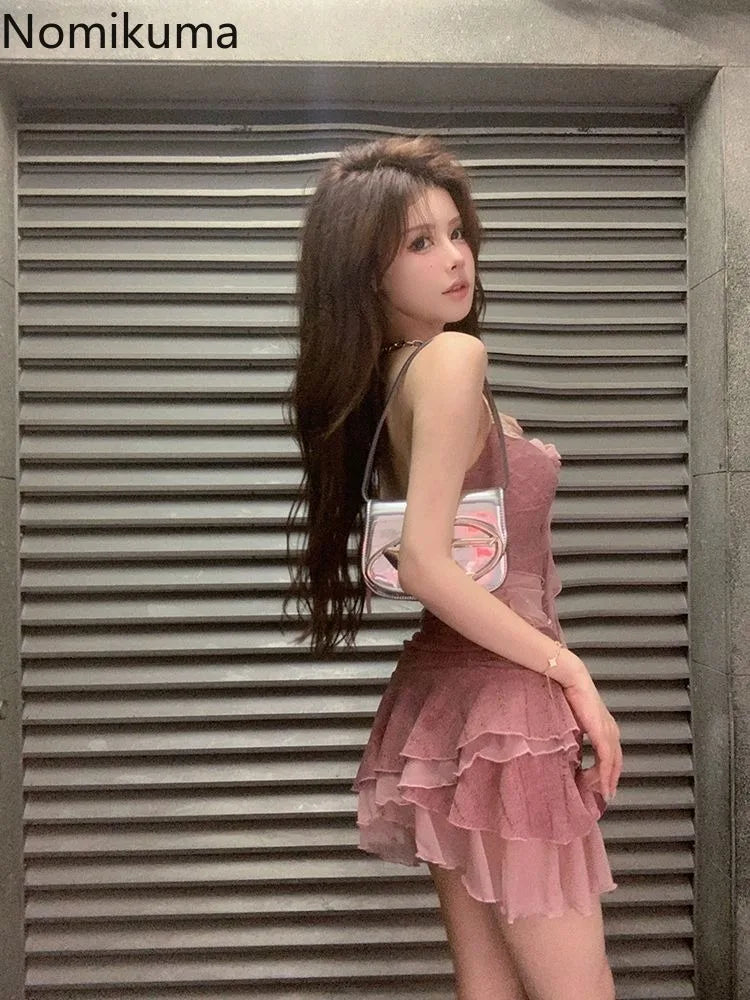 Nomikuma Women's Sexy Ruffled A-Line Mini Dress – Sleeveless V-Neck Summer Style