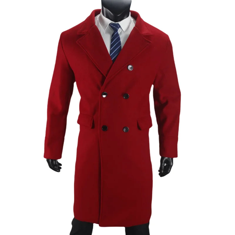 Men Long Double-breasted Coat with Lining Warm Type Wool Blend Lapel Casual Eu Size Customized overcoat