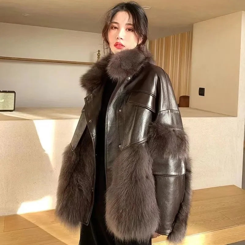 Retro Coffee Fur Coat  2024 Winter Loose Korean Version Fashionable Imitation for wome Fox Fur Thickened Haining High-end Coat