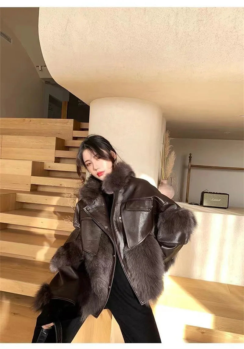 Retro Coffee Fur Coat  2024 Winter Loose Korean Version Fashionable Imitation for wome Fox Fur Thickened Haining High-end Coat