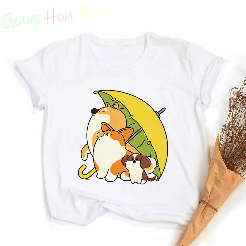 Gong Hou Ren Women’s Corgi Cartoon Graphic T-Shirt – Summer 2024 Collection