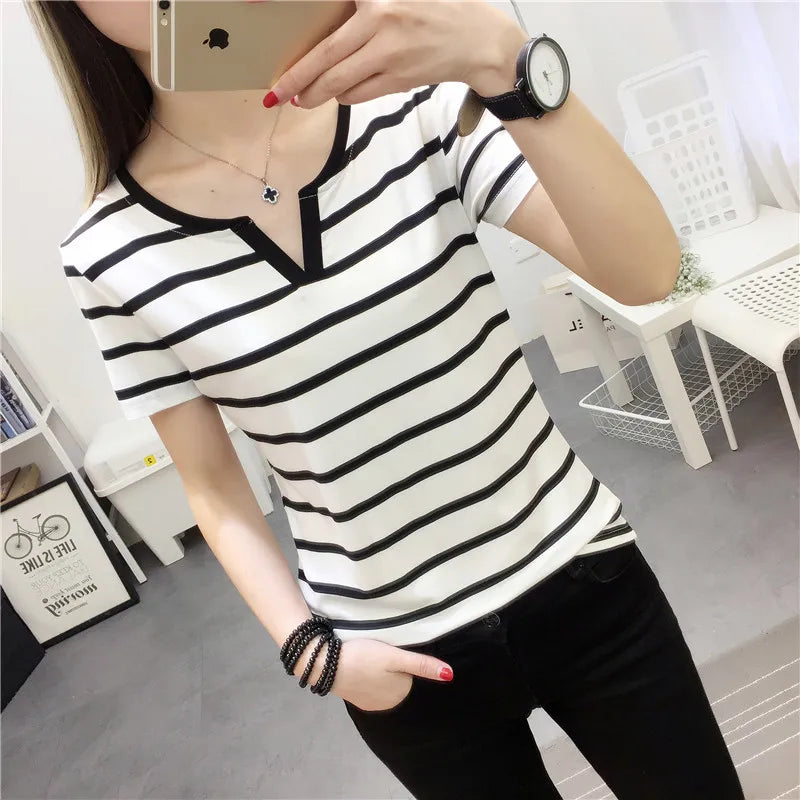 MRMT Stripes Womens T-Shirt V Collar T Shirts Skinny Half Sleeve Clothes Women Slim Under Wear Tshirt Casual Top Tees For Female