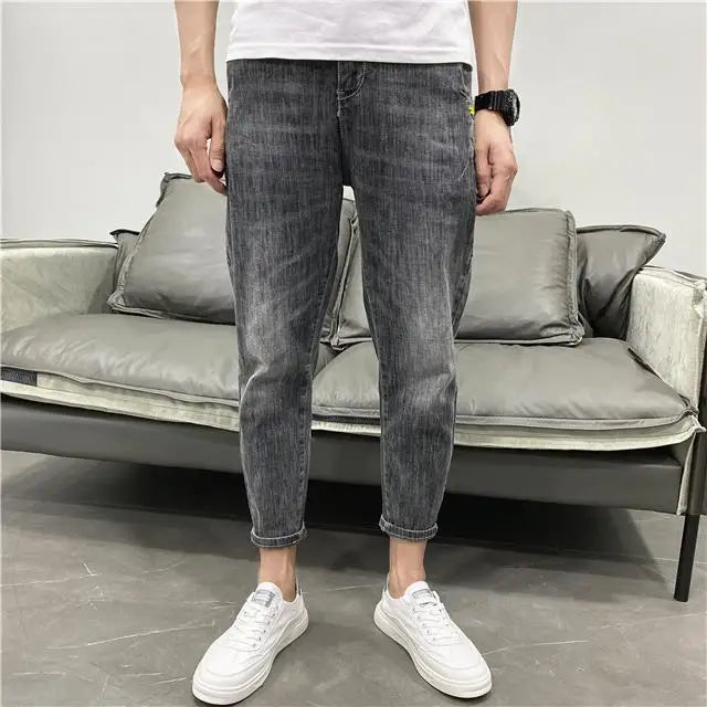 Fashionable Summer Autumn Luxury Cotton Trousers for Men Slim Solid Jeans with Stretch Classic Casual and Formal Wear Grey Jeans