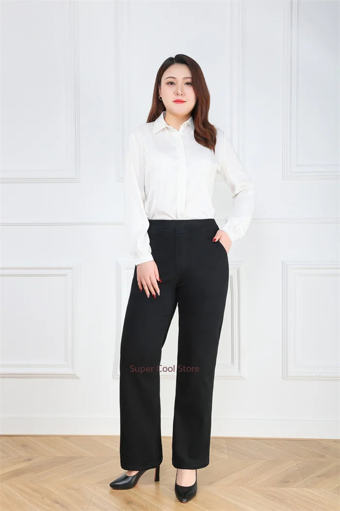 NoEnName_Null Women's High-Waist Cotton Elastic Denim Straight-Leg Jeans with Pockets – Autumn/Winter