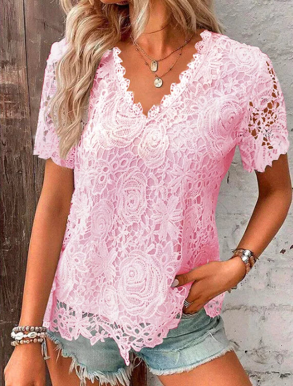 Women's Lace-Decorated Casual Tee – Spring/Summer Regular Fit Top by NoEnName_Null