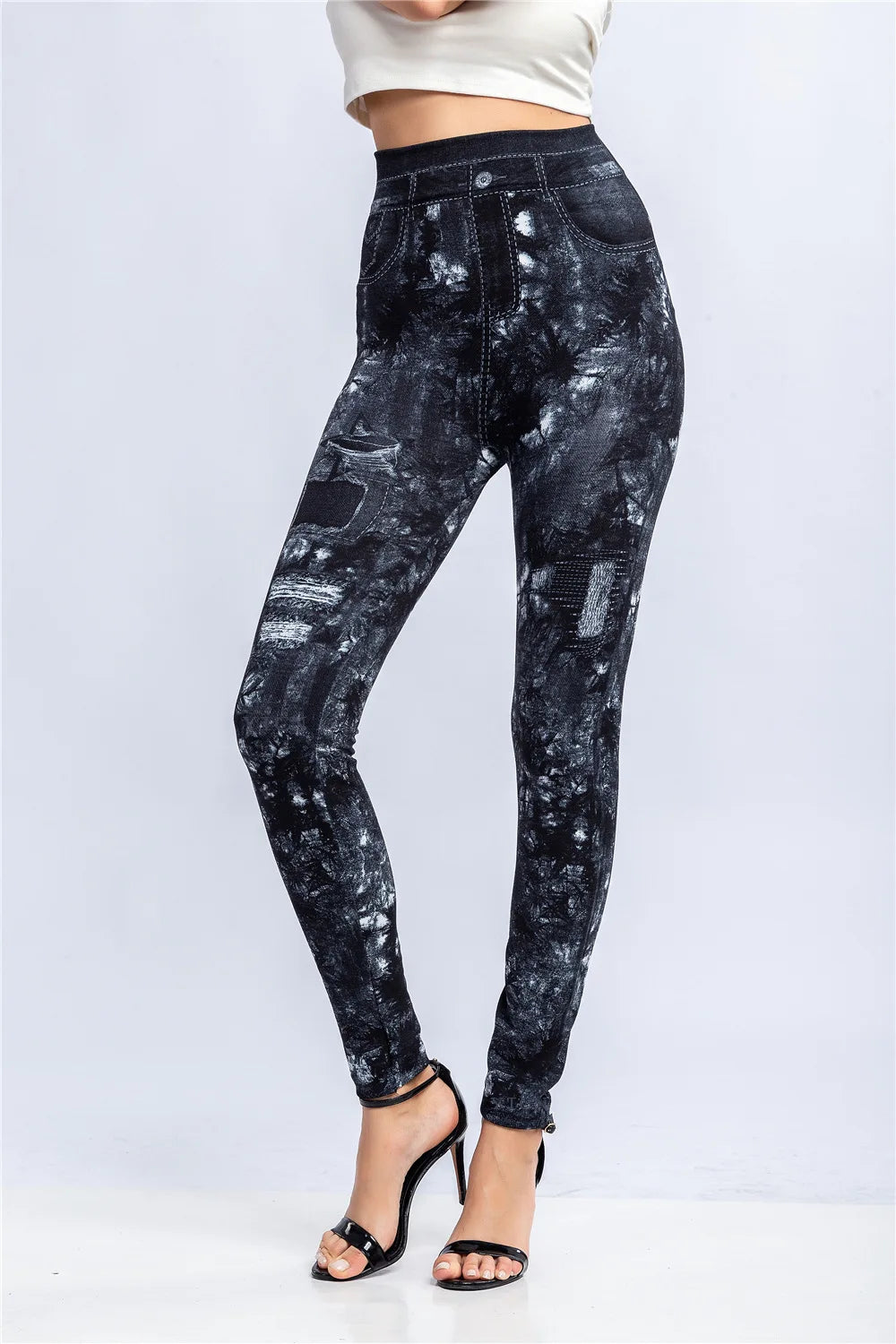 CUHAKCI Slim Women Leggings Faux Denim Jeans High Waist Elastic Fitness Sports Workout Running Push Up Leaf Print Trousers