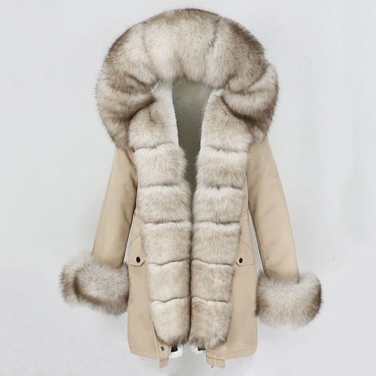 Winter Jacket Women Real Fur Coat Natural Real Fox Fur Collar Loose Long Parkas Big Outerwear Detachable