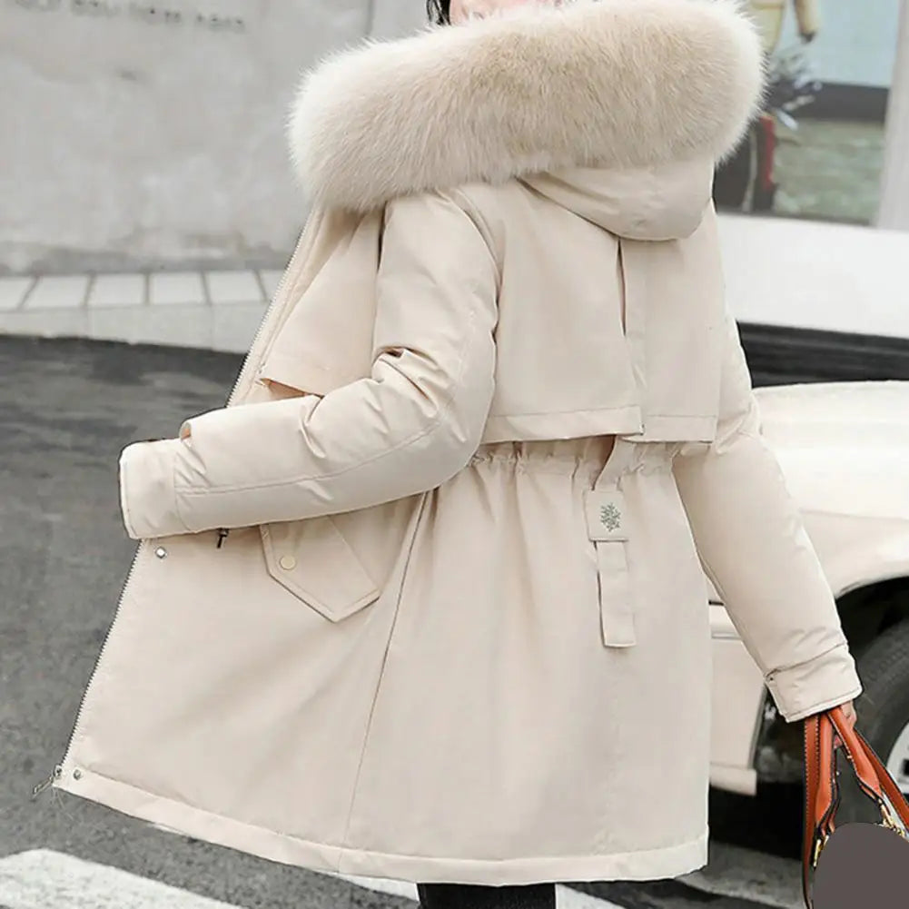 Women Coat Hooded Winter Jacket with Faux Fur Collar Warm Fashion Jacket Zipper Closure Coat for Autumn Winter