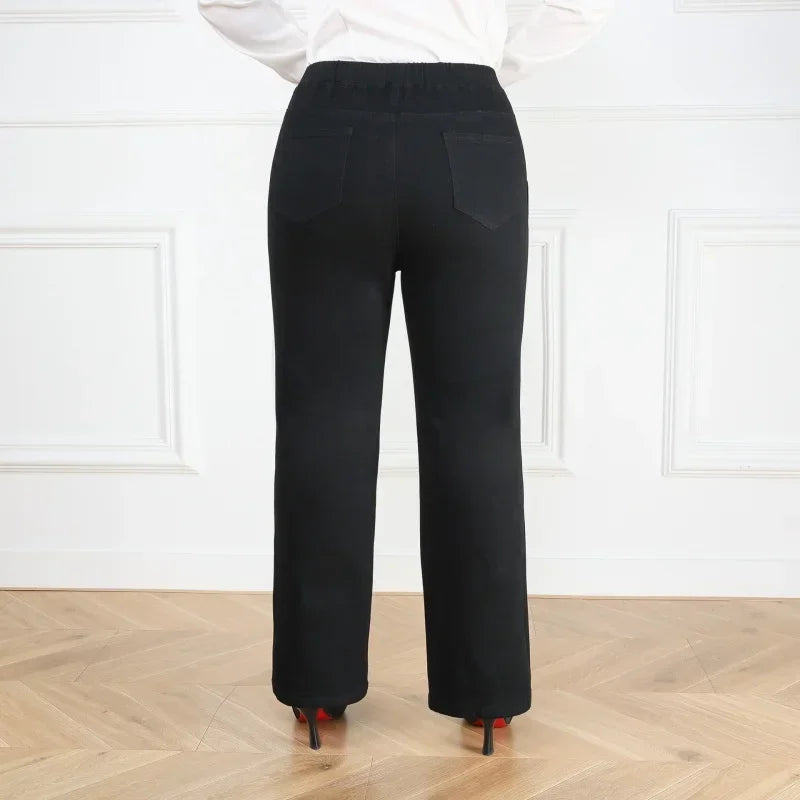 NoEnName_Null Women's High-Waist Cotton Elastic Denim Straight-Leg Jeans with Pockets – Autumn/Winter