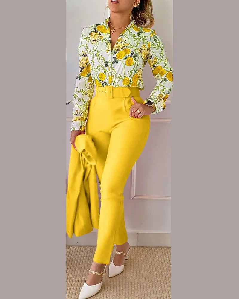 Fashion Printed Long Sleeved Women Suit Autumn and Winter Slim Fit Elegant Female Office 2 Piece Set