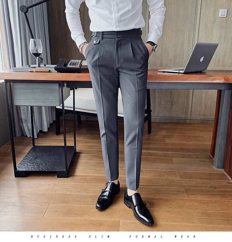 British Style New Solid High Waist Pant Men Business Formal Wear Trousers 2024 High Quality Slim Casual Office Suit