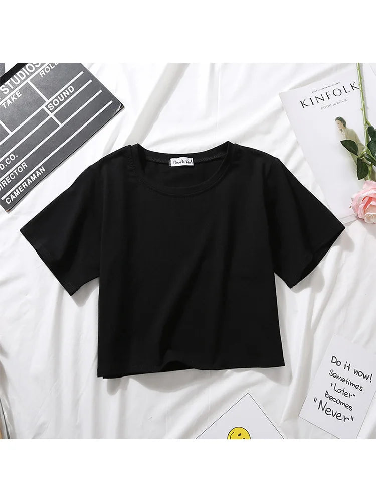 Summer Short Sleeve T Shirts Women  Solid O Neck High Waist Crop Top Tee Female Casual Loose T Shirt