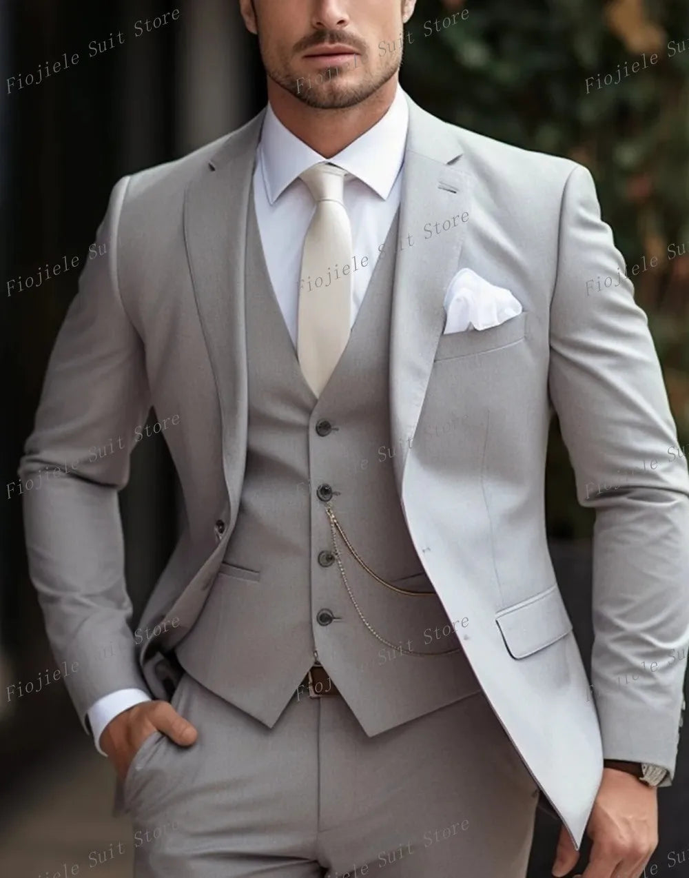 Fiojiele Men's Formal Wedding Suit - Cotton-Polyester Blend, Single Breasted, Four-Season Comfort