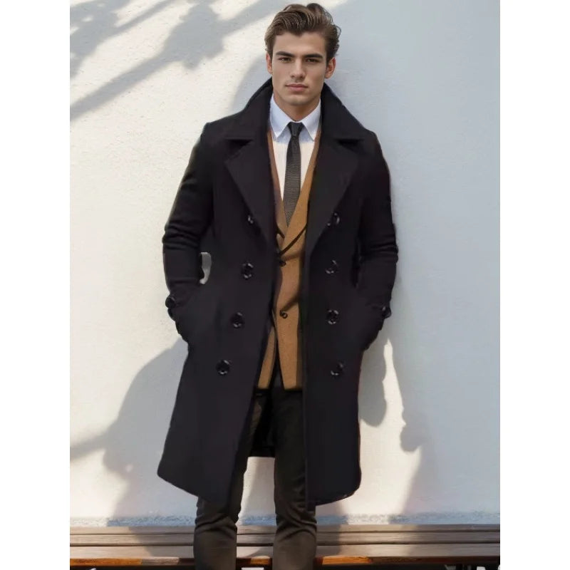 2024Autumn and Winter High Quality Thick Mid-Length Double Breasted Men's Wool Slim Fit Coat European Size