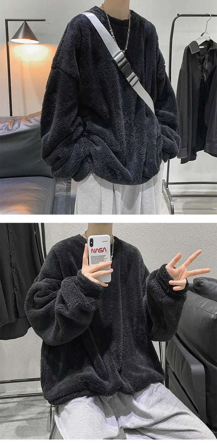 New Flannel Plush Youth Men Sweatshirt Autumn Winter Clothes v-shape Thicken Daily Warm Pullover jumper