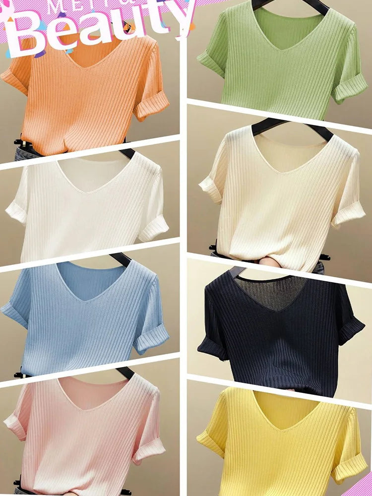 New V-neck short-sleeved T shirt Summer Thin Office Lady Cloth Short Sleeve slim Tops spring summer solid T-shirts