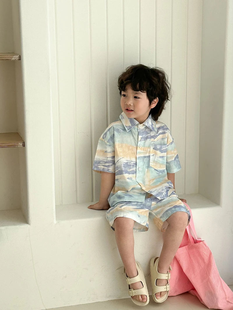 MILANCEL Unisex Summer Patchwork Clothing Set for Kids (Ages 4–6Y) – Cotton Shirt and Shorts Vacation Outfit