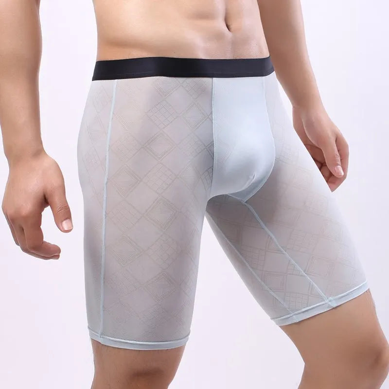 Ice Silk Lengthen Men Boxers Mid Waist Solid Underwear.